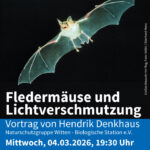 Fledermaus im Flug vor schwarzem Hintergrund mit Text zu Vortrag über Fledermäuse und Lichtverschmutzung am 04.03.2026 in Bochum von Hendrik Denkhaus